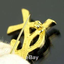 YVES SAINT LAURENT Vintage YSL Logos Rhinestone Pin Brooch Gold color